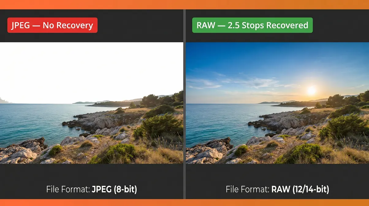 RAW vs JPEG highlight recovery comparison showing file formats in photography editing capability difference