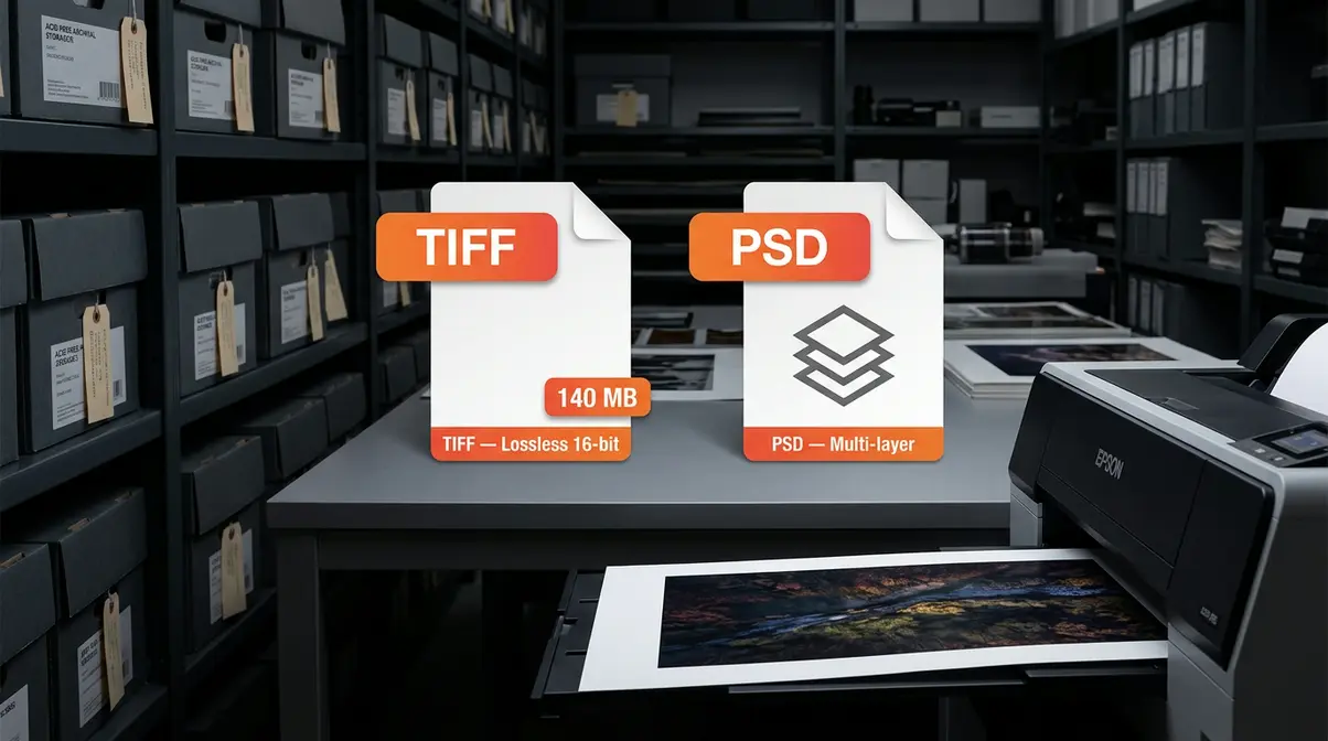 TIFF and PSD master archival photography formats showing lossless file storage and print workflow