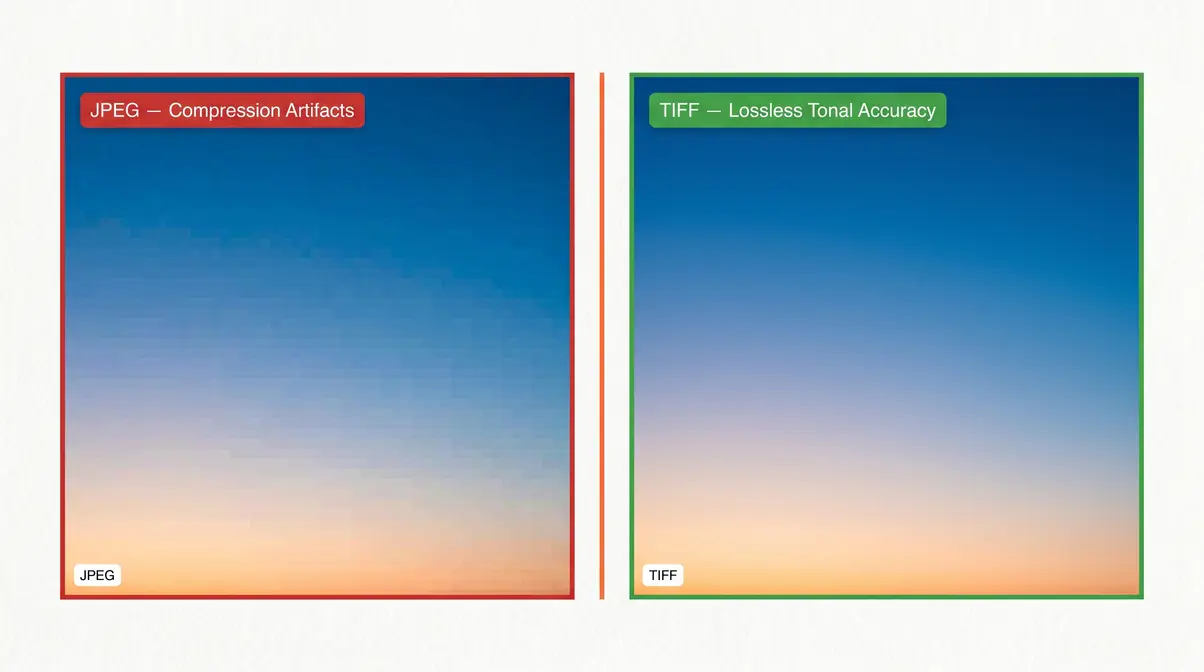 TIFF vs JPEG print quality comparison showing compression artifacts in photography archival formats