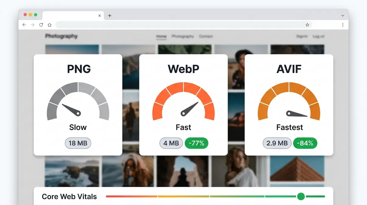 Web delivery formats PNG WebP AVIF comparison showing file size and page speed performance for photography portfolios
