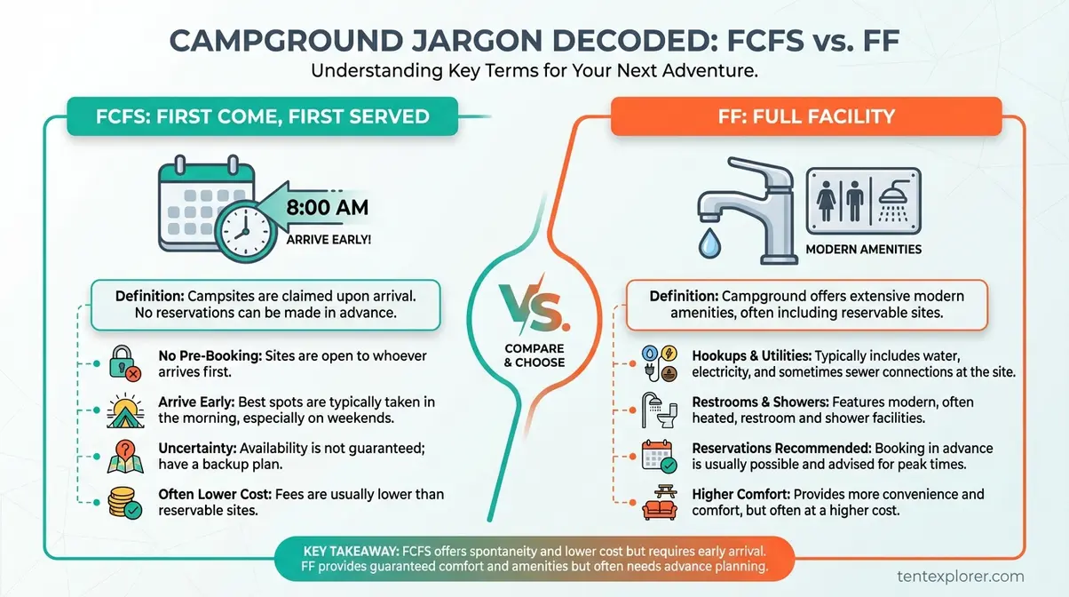 Campground booking jargon explained FCFS first come first served and FF full facility for beginner campers