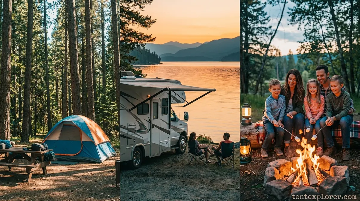 Different types of camping including traditional tent setups RV travel trailers and family camping
