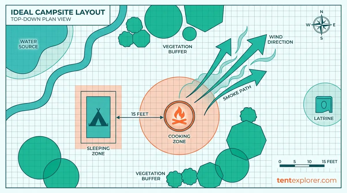 Campsite layout diagram showing safe tent placement 15 feet from fire pit with kitchen and sleeping zones marked