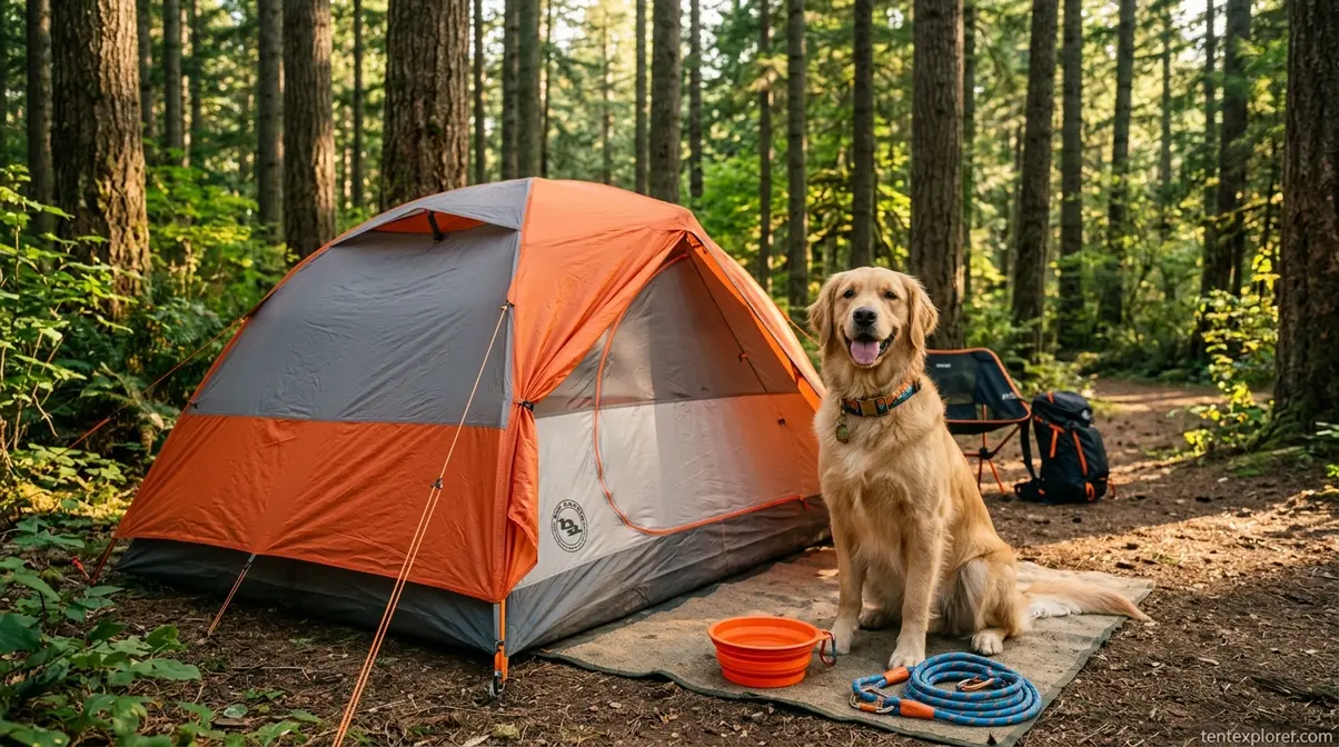 Happy dog sitting next to a tent with camping gear and collapsible water bowl