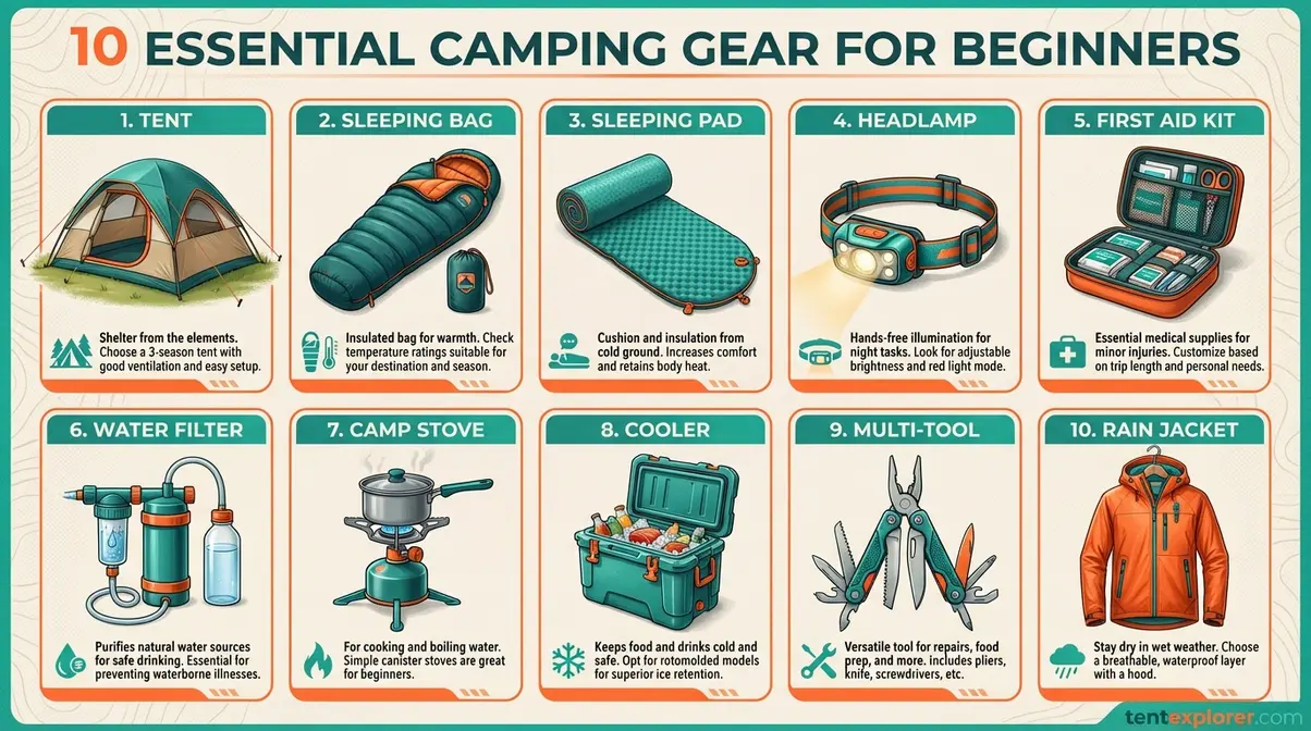 10 essential first time camping tips gear list tent sleeping bag pad headlamp water filter cooler