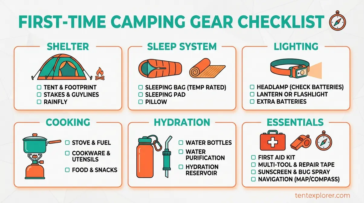 First time camping tips essential gear checklist including tent sleeping bag pad headlamp and first aid kit