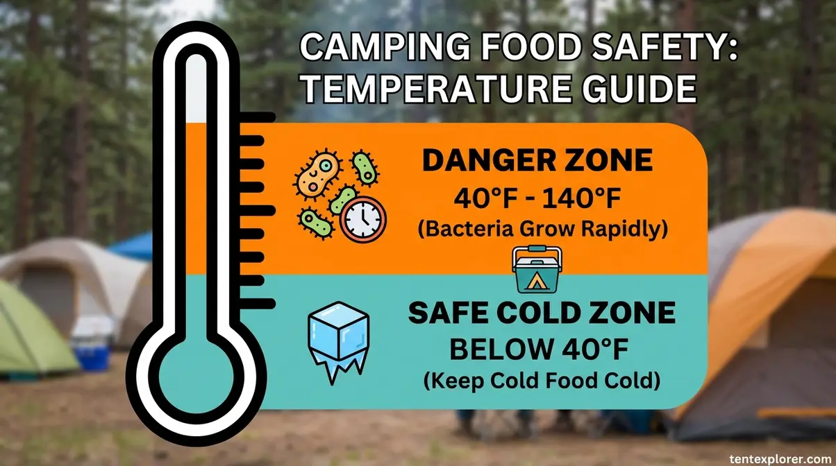 Camping food safety danger zone chart showing safe below 40F and unsafe 40 to 140 degree Fahrenheit range for first time campers