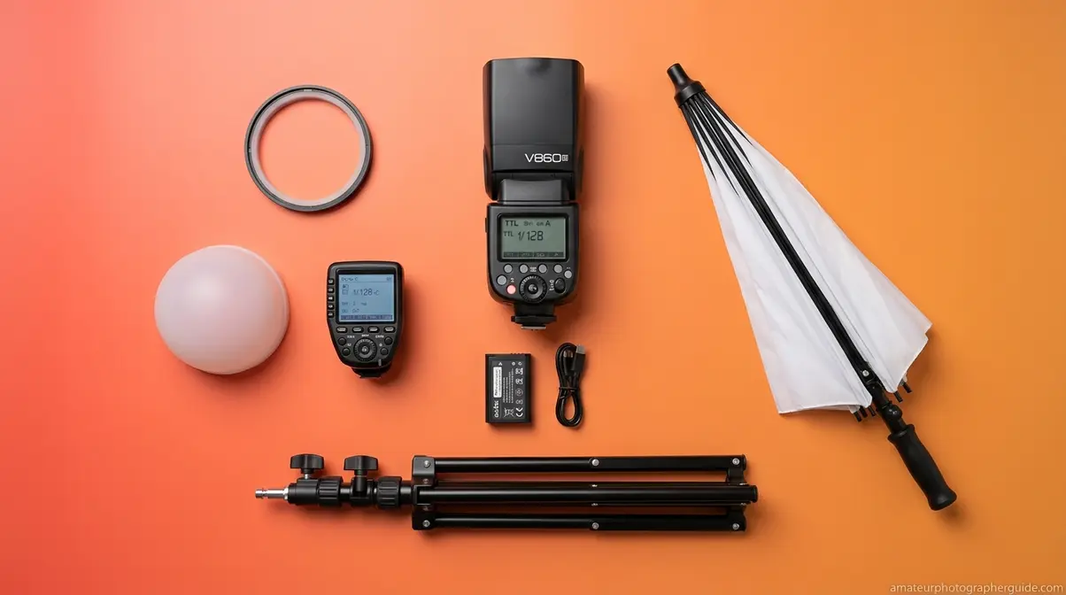 Essential beginner flash photography gear including speedlight diffuser umbrella trigger and light stand