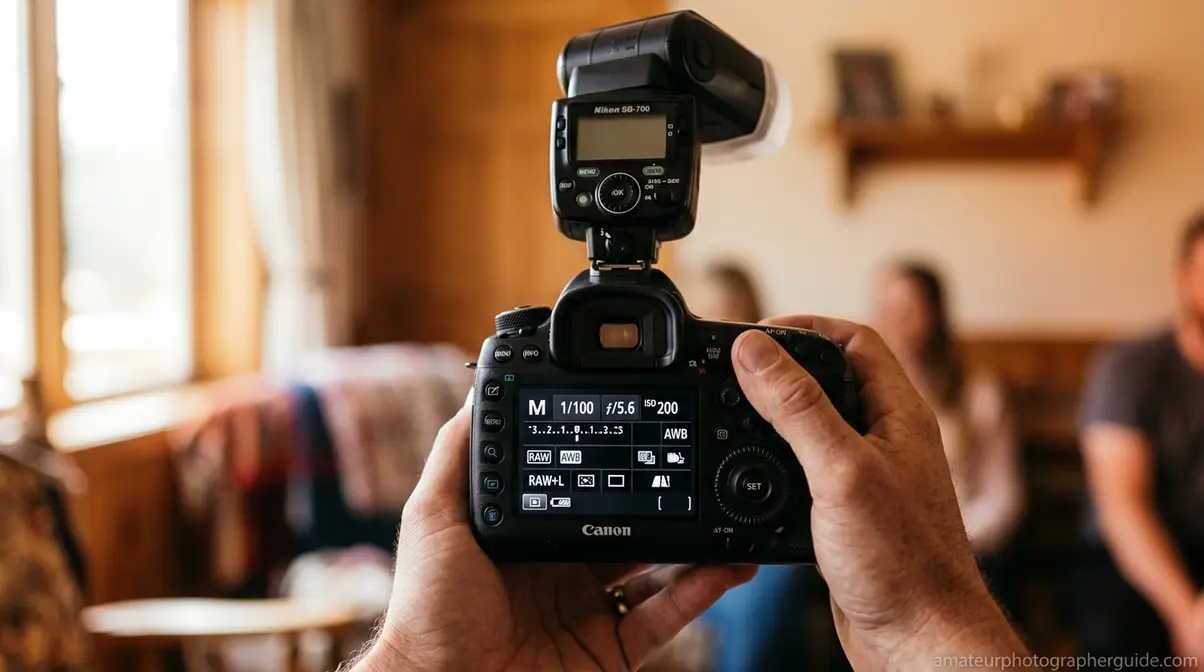 Camera settings for flash photography showing manual mode shutter speed aperture and ISO on DSLR screen