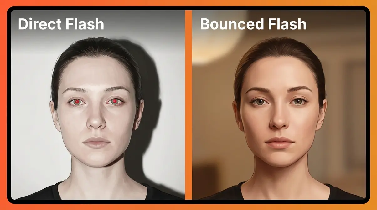 Direct flash versus bounced flash portrait comparison showing harsh shadows versus soft flattering light