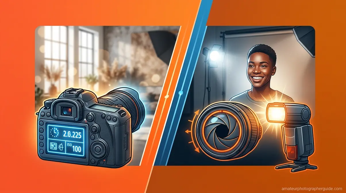 Flash photography fundamentals illustration showing the Two-Exposure Method with camera settings and speedlight