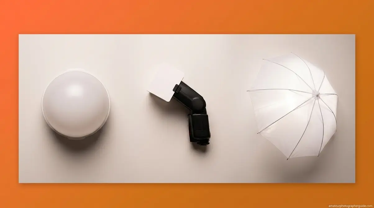 Three essential flash modifiers for beginners including dome diffuser bounce card and shoot-through umbrella