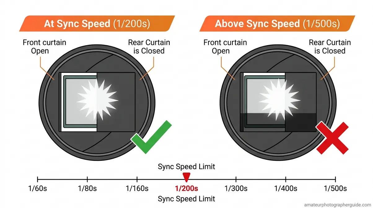 Flash sync speed explanation diagram showing dark banding when shutter speed exceeds camera sync limit