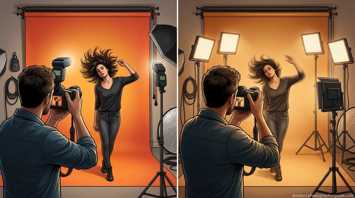 Flash versus LED continuous lighting comparison showing motion freezing capability and light quality differences