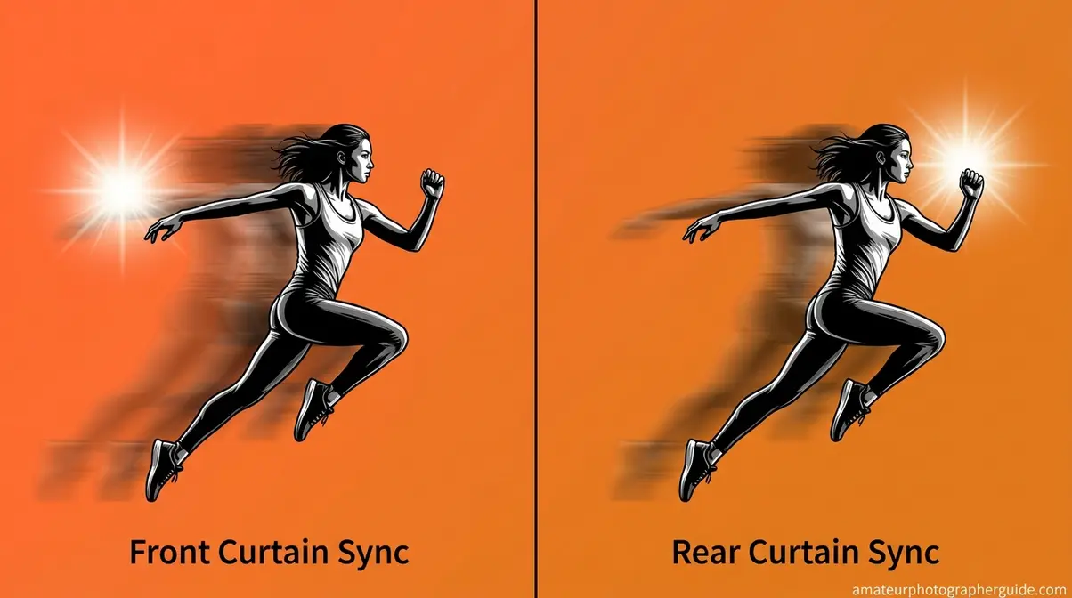 Front curtain versus rear curtain sync flash comparison showing motion blur direction for moving subjects