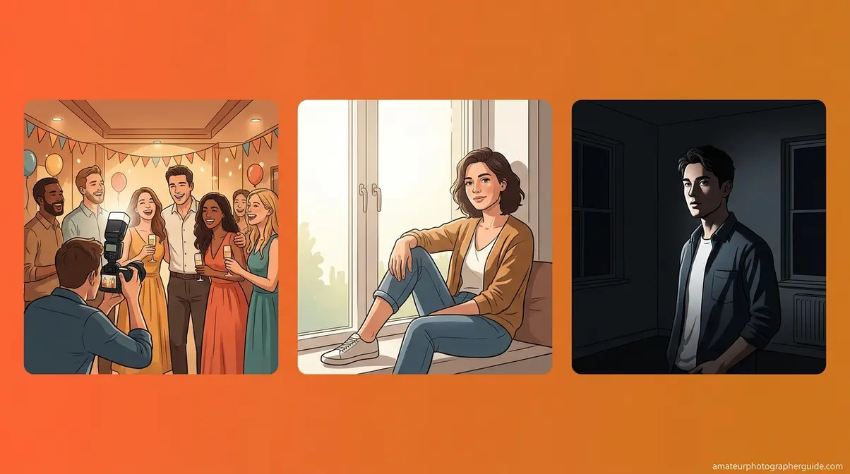 Indoor flash photography starting settings showing three scenarios birthday party window portrait and dark interior