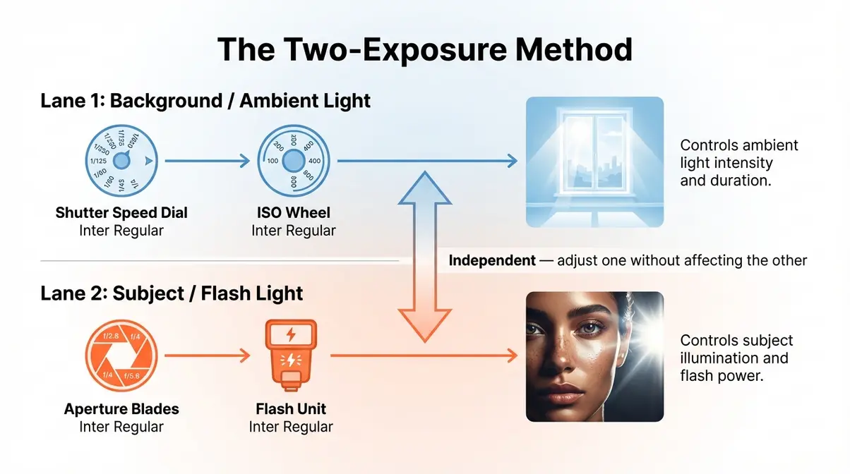 The Two-Exposure Method diagram showing shutter speed controls ambient background and aperture controls flash subject brightness