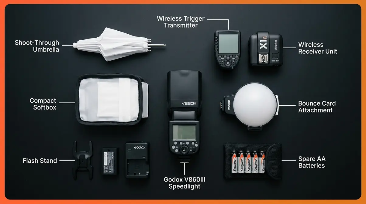 Advanced flash photography equipment flat lay showing speedlight wireless triggers modifiers and accessories