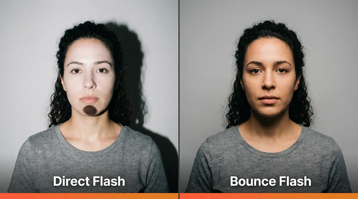Flash photography direct flash versus bounce flash side-by-side comparison showing shadow and skin tone differences