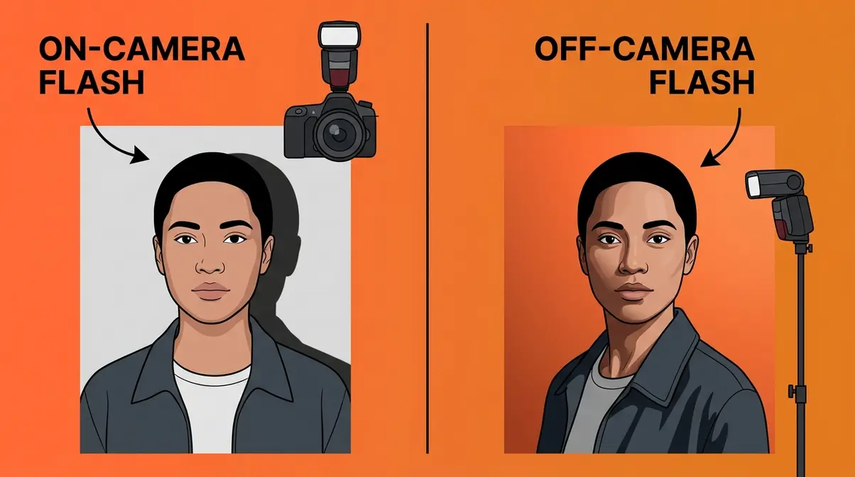 On-camera flash flat portrait versus off-camera flash three-dimensional portrait lighting comparison