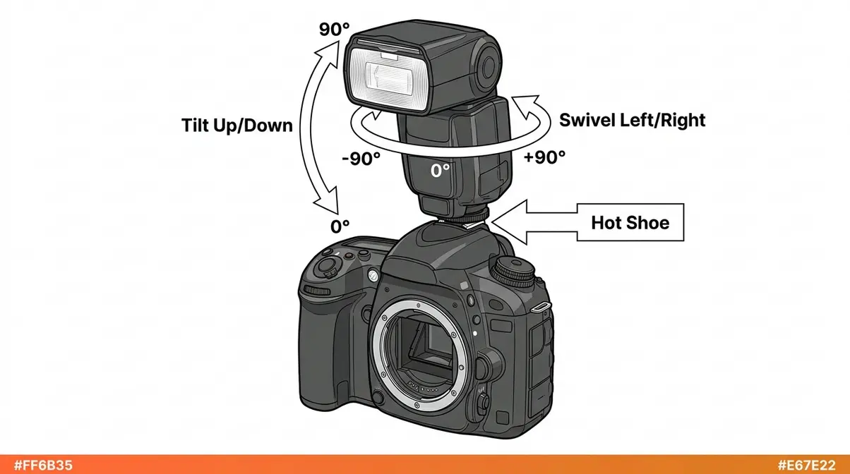 Speedlight mounted on DSLR camera hot shoe diagram showing flash head tilt and swivel rotation directions