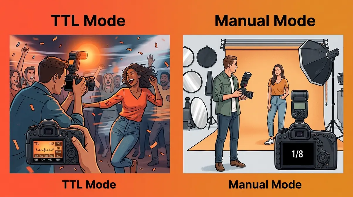 TTL flash mode for events versus manual flash mode for studio portrait photography comparison illustration