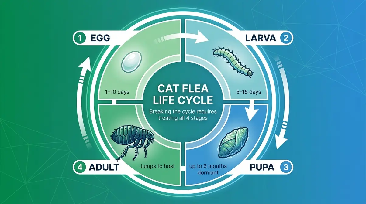 Diagram showing the four flea life cycle stages — egg, larva, pupa, and adult — with timeframes for flea control in cats