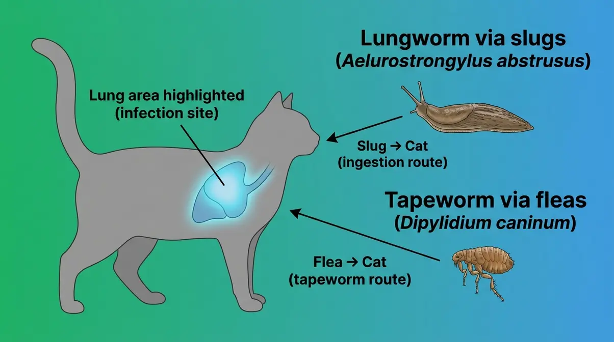 Clinical illustration showing how cats contract lungworm via slugs and tapeworm via fleas — parasite co-infection routes