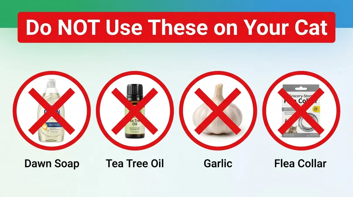 Common dangerous flea home remedies for cats with red X warnings — Dawn soap, essential oils, garlic, and cheap collars
