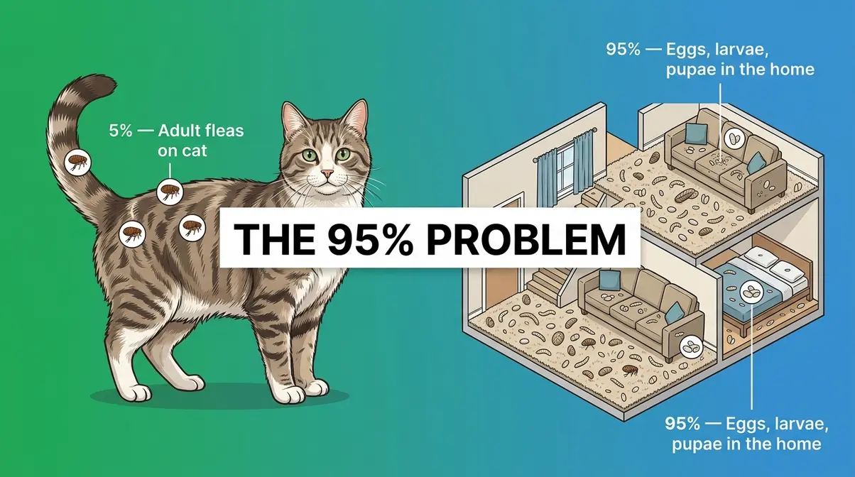 Illustration showing the 95% Problem — most flea infestation eggs and larvae live in the home, not on the cat