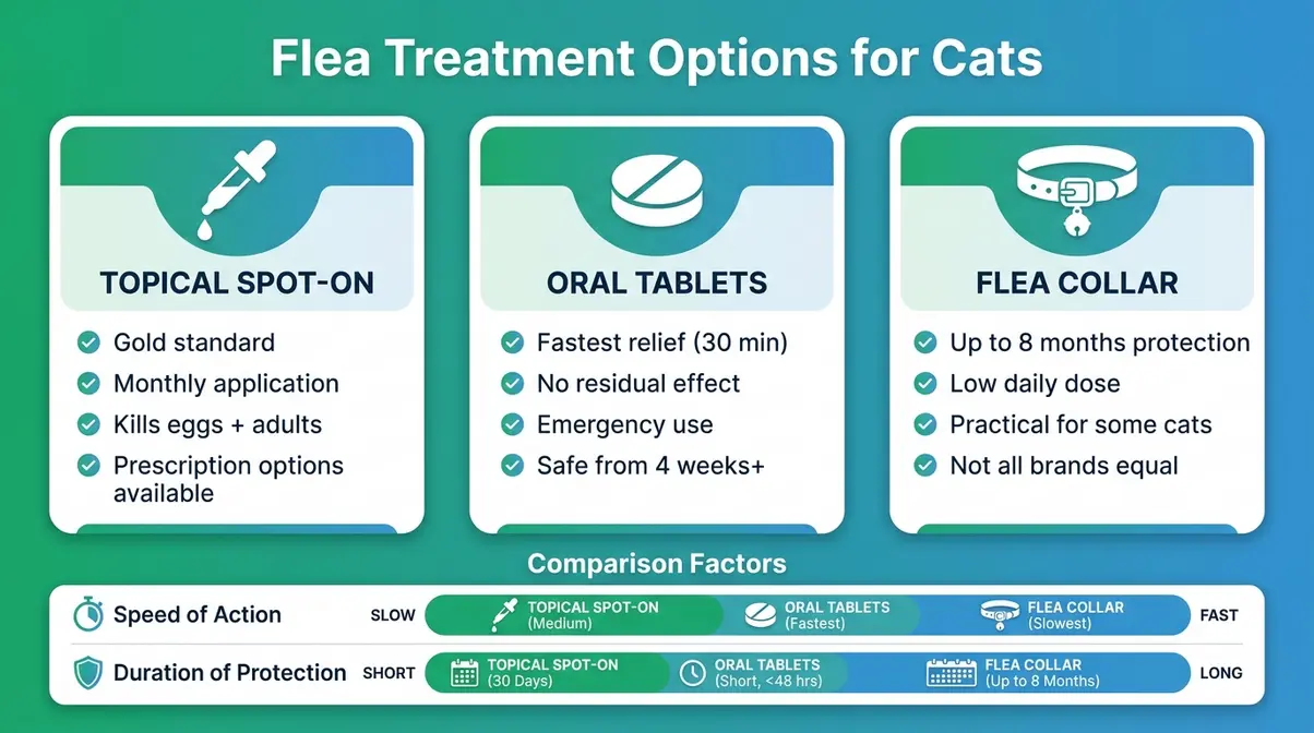 Visual comparison of topical spot-on, oral tablet, and collar flea treatment options for cats