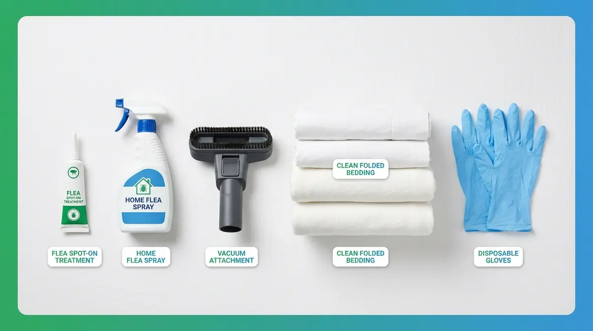 Five essential items for flea control in cats laid out — spot-on treatment, home spray, vacuum, bedding, and gloves