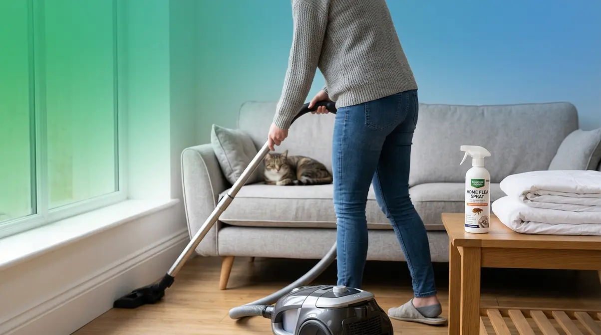 Person vacuuming skirting boards as part of home flea treatment to eliminate fleas from the environment