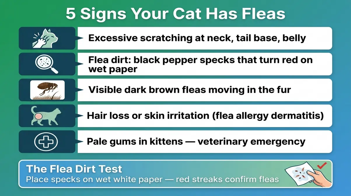 Illustrated checklist of five signs a cat has fleas including the flea dirt test for flea control in cats