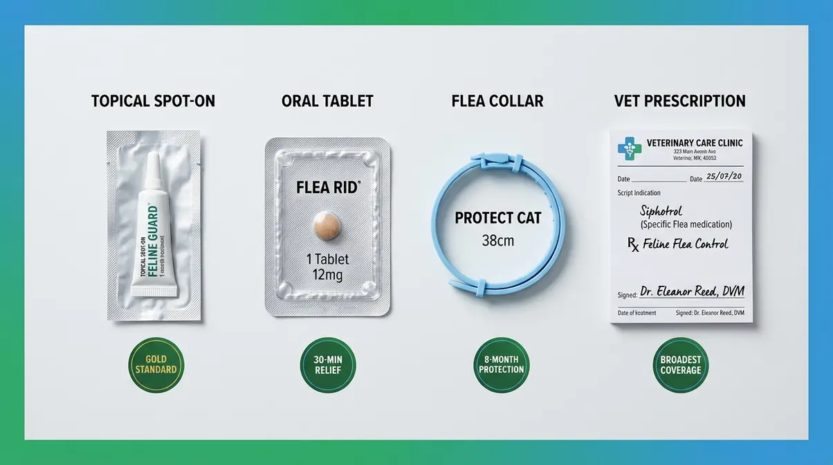 Four types of vet-recommended flea treatments for cats — topical, oral tablet, flea collar, and prescription options