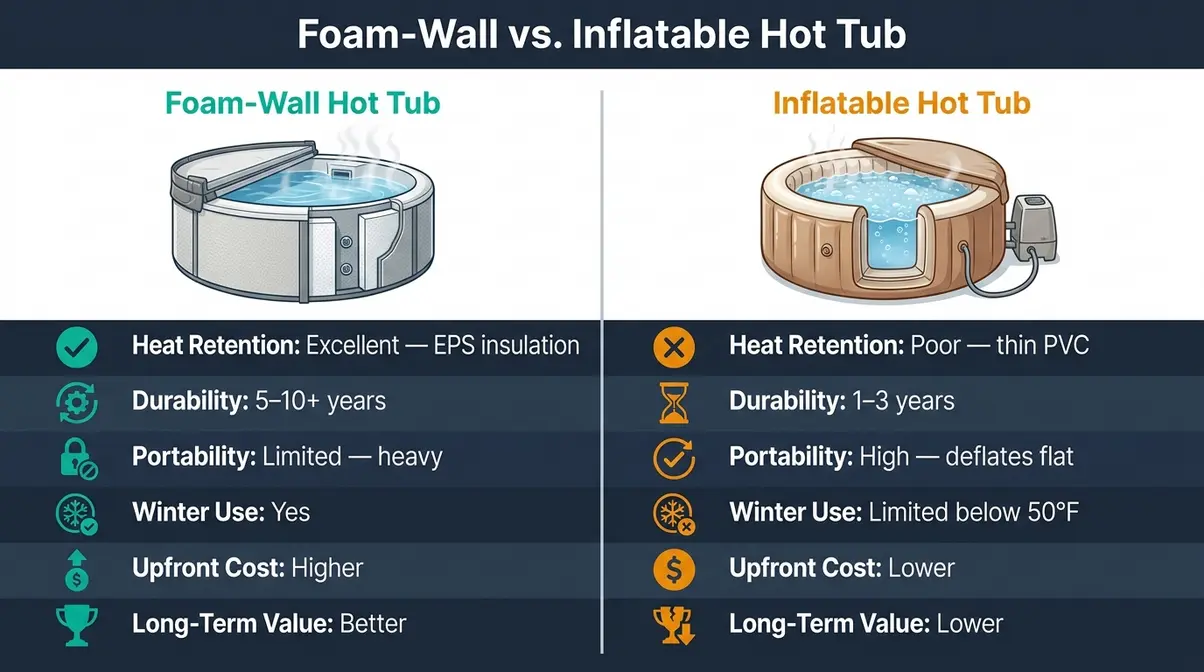 Foam Hot Tubs: Best Picks & Top Defoamers Tested (2026) 20 Infographic comparing foam-wall hot tub versus inflatable hot tub on insulation, durability, heat retention, and cost