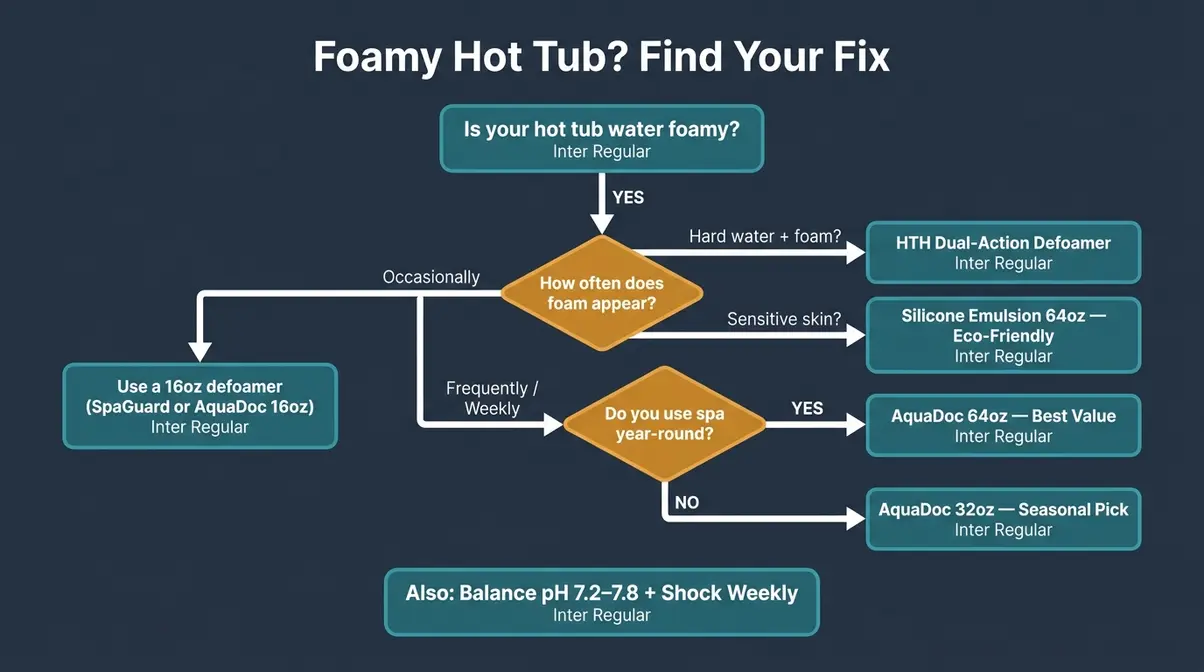 Foam Hot Tubs: Best Picks & Top Defoamers Tested (2026) 21 Troubleshooting flowchart for diagnosing and fixing foamy hot tub water with specific product recommendations