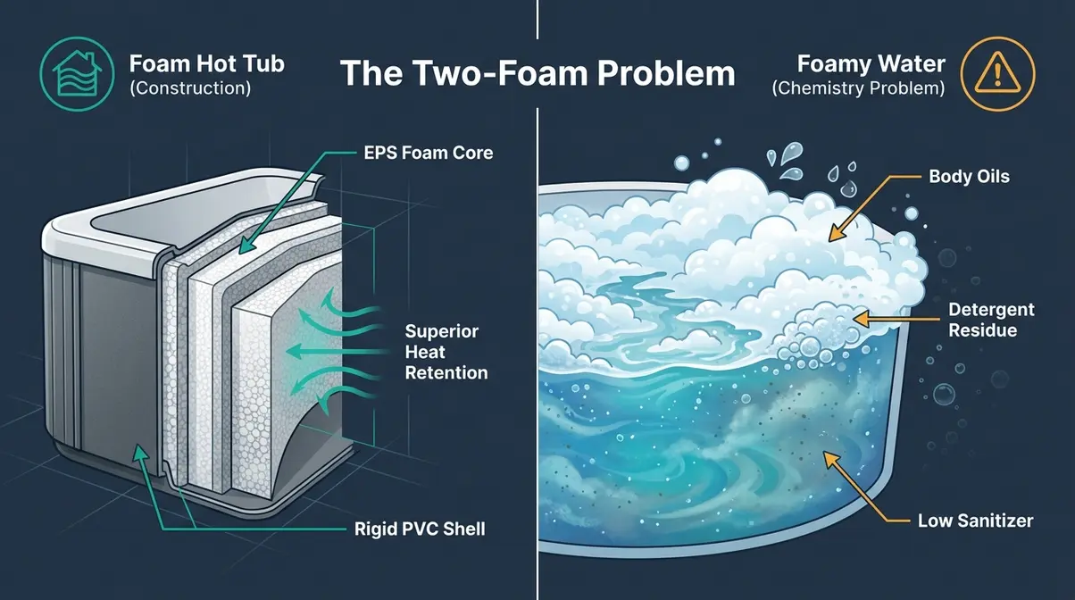 Foam Hot Tubs: Best Picks & Top Defoamers Tested (2026) 1 Infographic comparing rigid foam-wall hot tub construction versus foamy hot tub water chemistry problems
