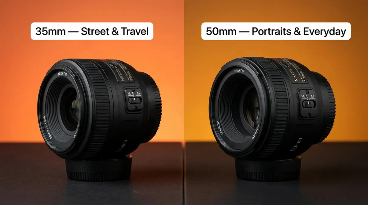 35mm versus 50mm prime lens comparison side by side for street and portrait photography