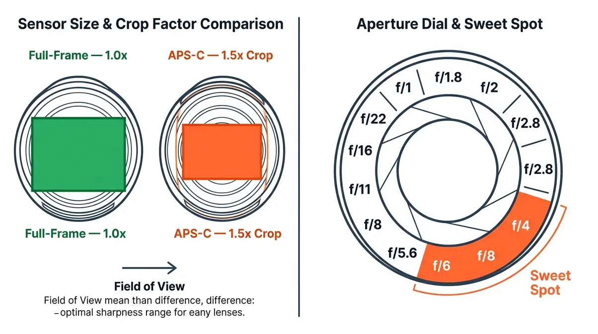 Crop factor sensor size comparison and aperture sweet spot diagram for photography beginners