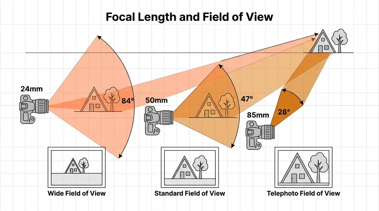 Focal length in photography angle of view comparison showing 24mm, 50mm, and 85mm cone diagrams