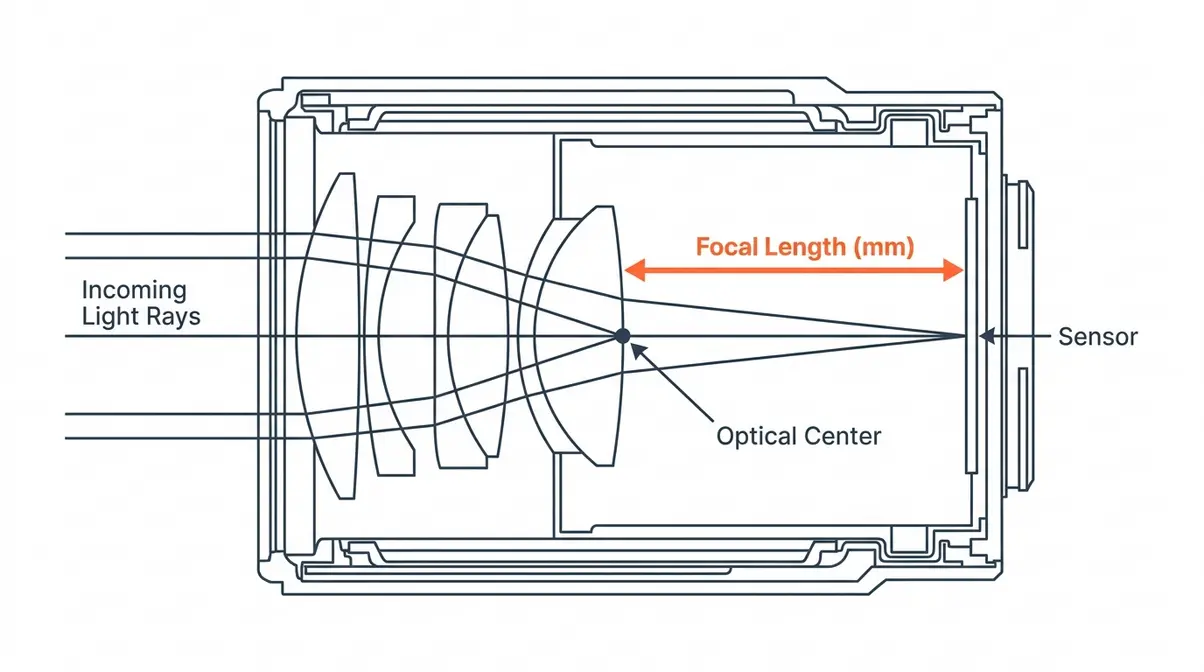 How focal length is measured — lens cross-section diagram showing optical center and sensor distance