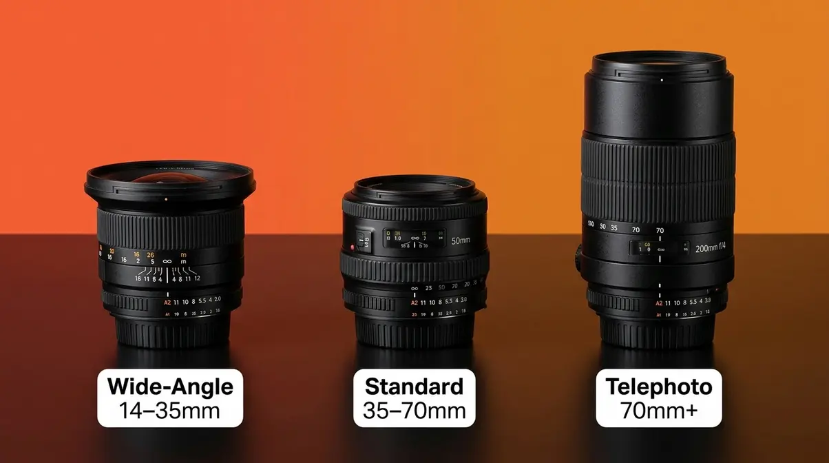 Wide-angle, standard, and telephoto camera lenses representing three focal length categories for photography