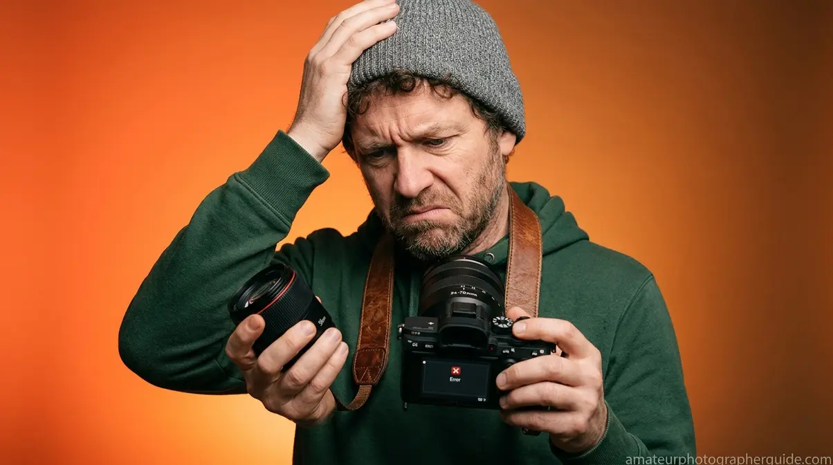 Photographer reviewing images on a camera screen checking for focal length errors