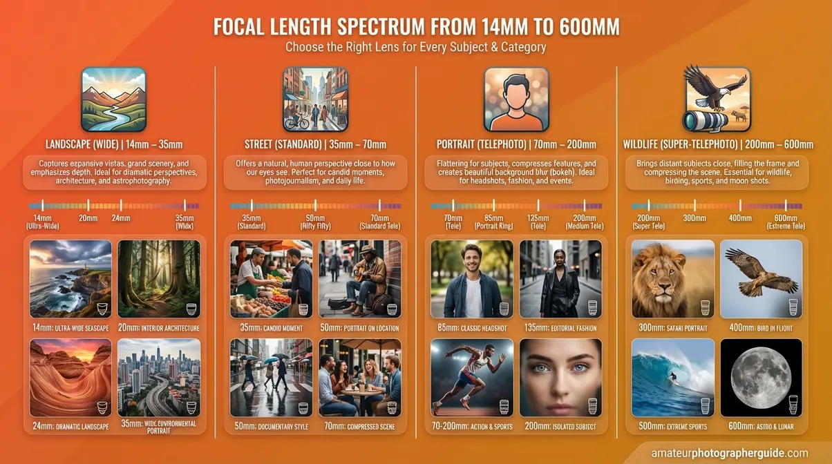 Focal lengths explained visually across the full spectrum from 14mm ultra-wide to 600mm super-telephoto with example use cases