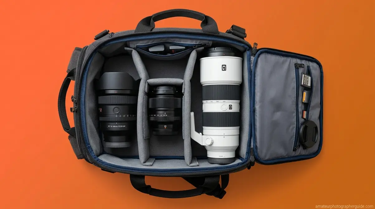 Collection of ultra-wide, standard, and telephoto lenses in a camera bag