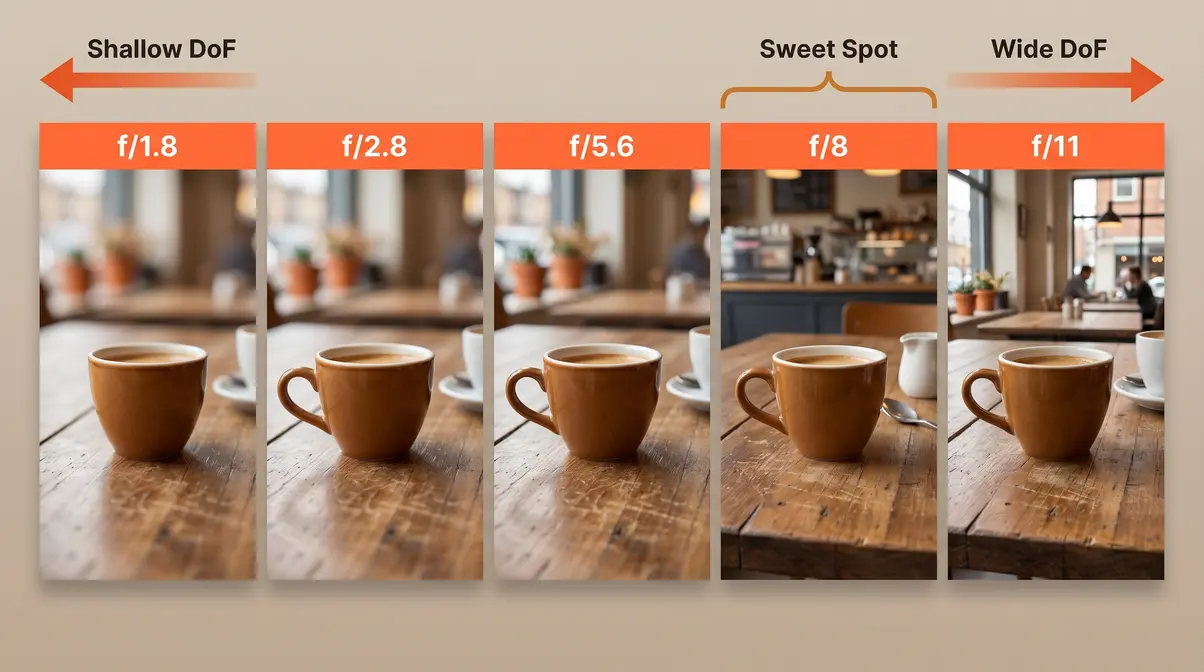 Aperture comparison series showing focal plane depth from f/1.8 to f/11 in photography