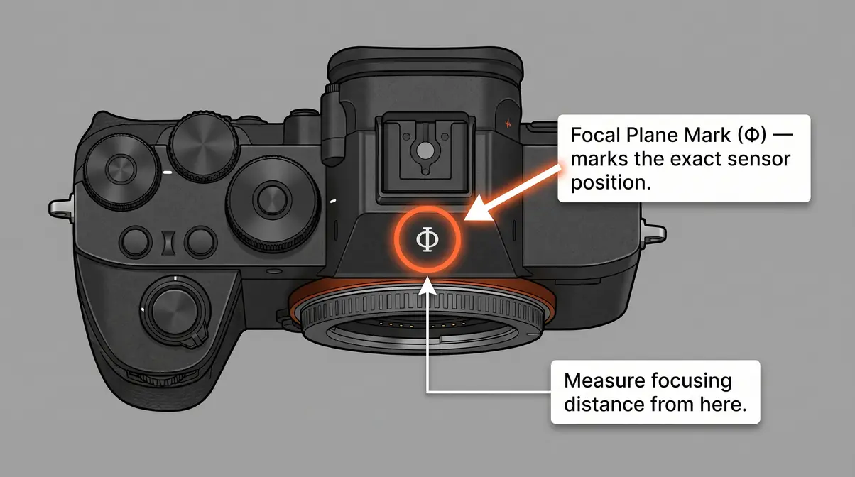 Annotated camera body showing the focal plane mark Φ symbol used to measure focal plane in photography