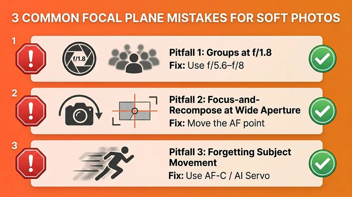 Three common focal plane mistakes causing soft photos with fixes: wide aperture groups, focus-recompose, moving subjects