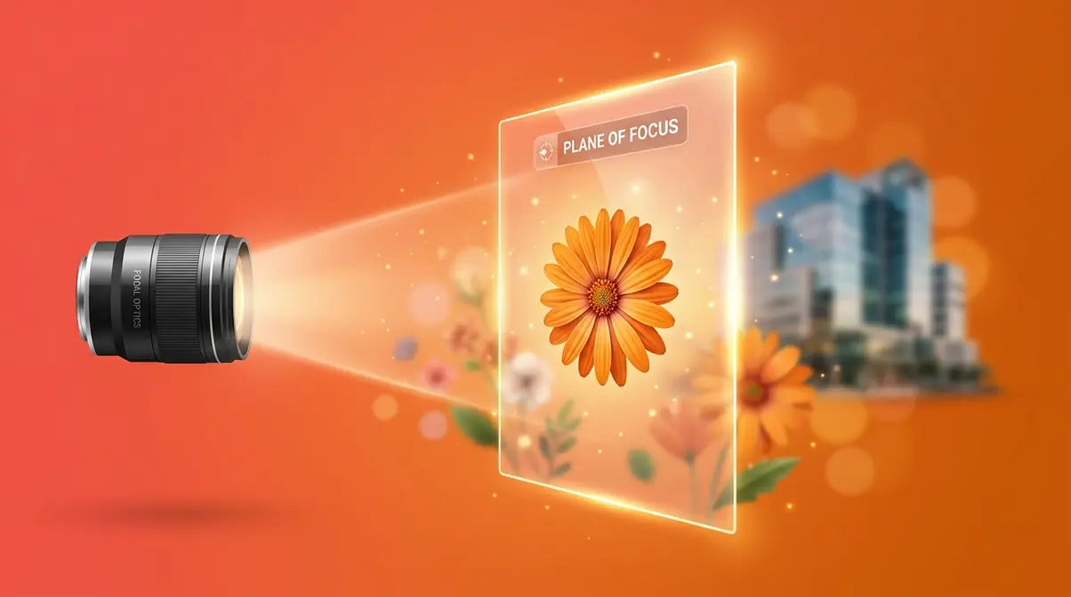 Conceptual illustration of focal plane in photography showing the plane of focus as a glowing vertical surface